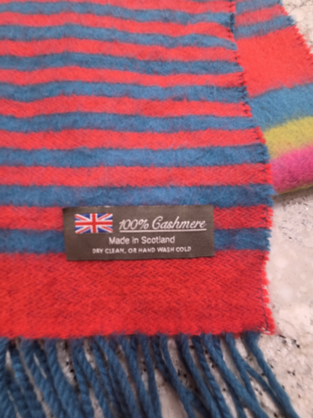 100% Cashmere Stripe Scarf Blue, Red, Green Scotland Made - Picture 2 of 6
